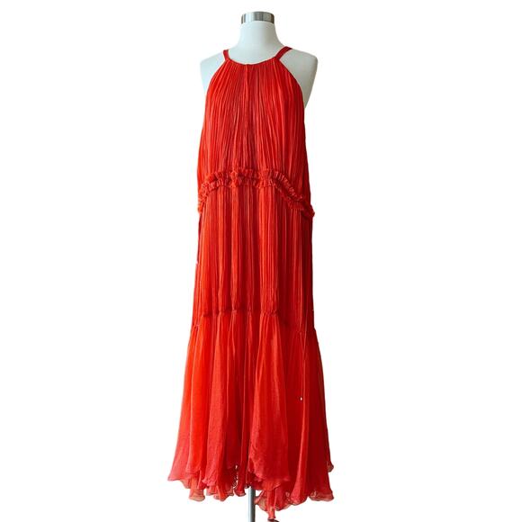 MARIA LUCIA HOHAN Maella Silk Tent Dress Red Chiffon Ruffled Plisse Halter Gown - Picture 13 of 16